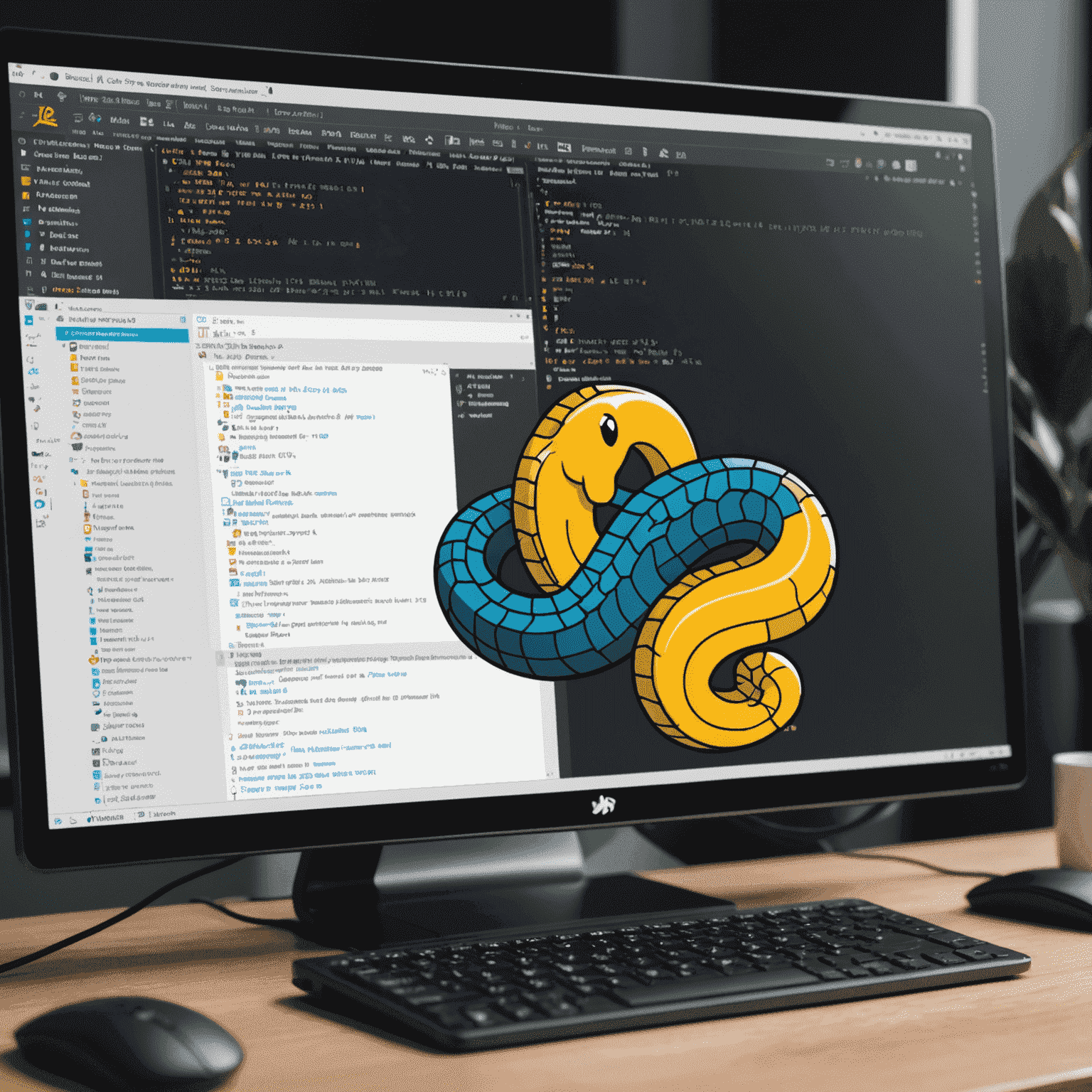 Изображение рабочего стола с открытым редактором кода, показывающим простой Python-скрипт. На заднем плане виден логотип Python.