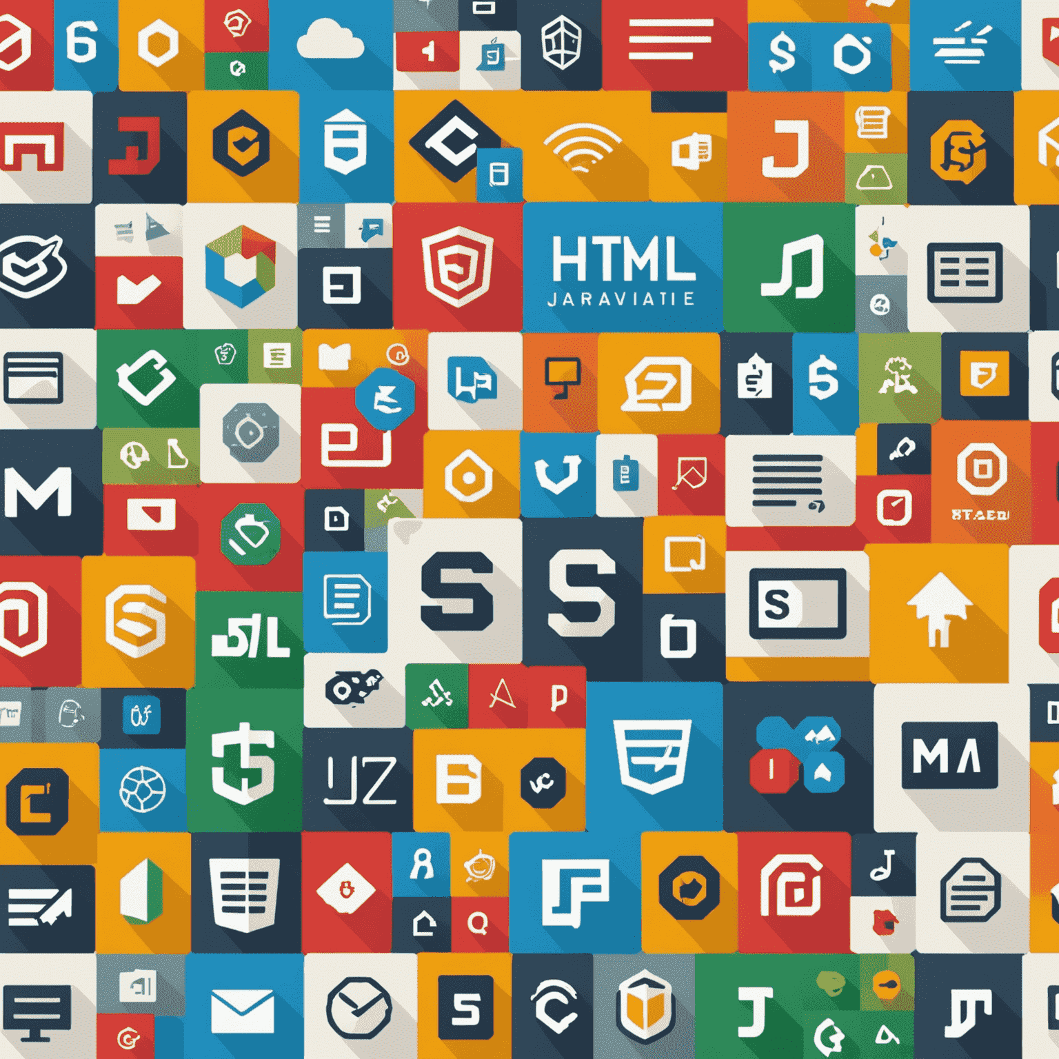 Коллаж из иконок HTML, CSS и JavaScript на фоне веб-страницы